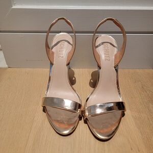SCHUTZ Shiny Gold Open Toe Heels